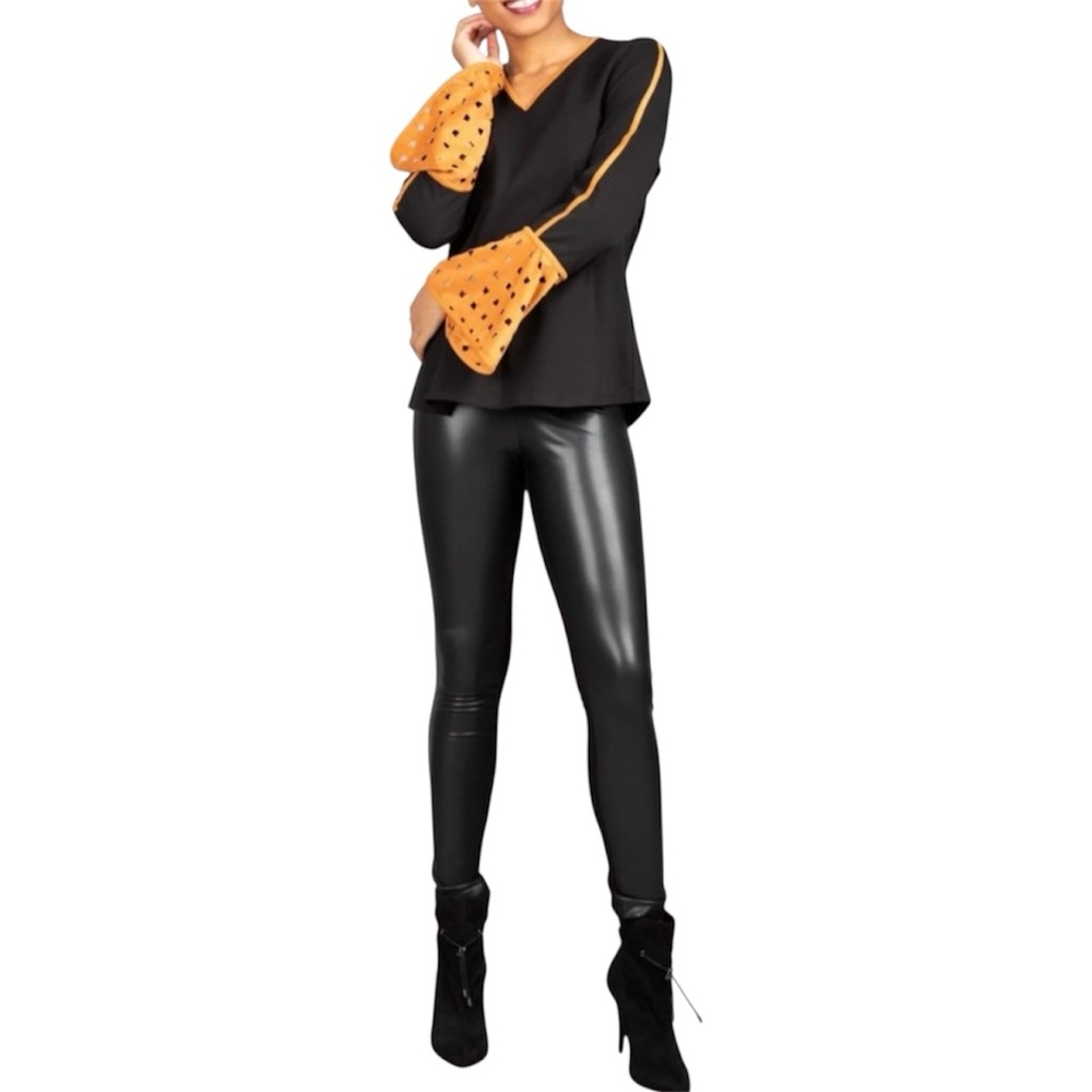 Berek Black Long Sleeve V-Neck Top Orange detail & faux cutout suede bell cuff L